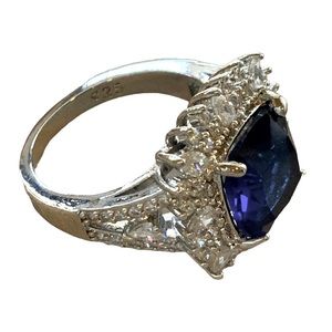 Simulated Blue Sapphire and CZ Ring Stamped 925 Silver Size 6
